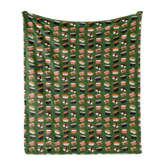 Sushi Soft Flannel Fleece Blanket, Seafood Themed Traditional Sushi Rolls Consisting of Rice Raw Fish Veggies in Seaweed, Cozy Plush for Indoor and Outdoor Use, 50" x 60", Multicolor, by Ambesonne