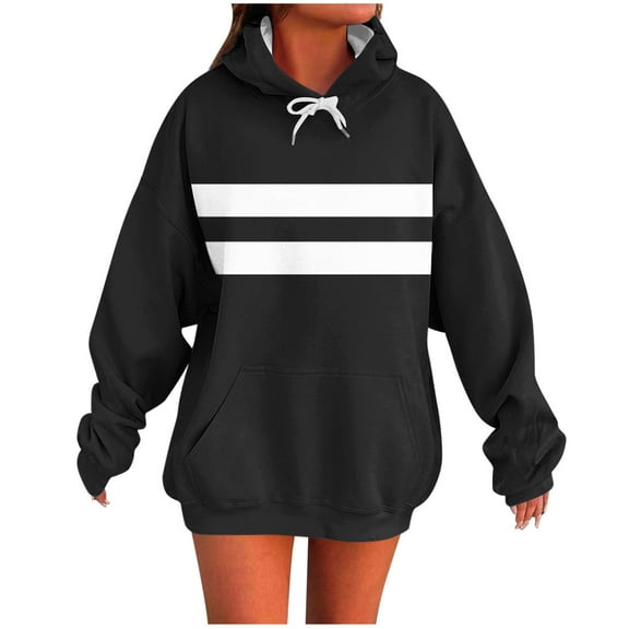QTBIUQ Women Polka Print Hooded Sweatshirt Long Top Long Sleeved Pocket Black