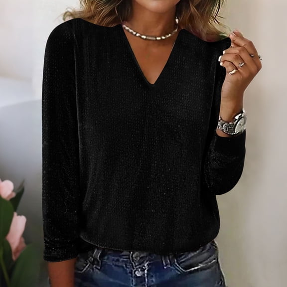 Long Sleeve Shirts for Women Dressy Sparkling Top Comfy Loose Fit V-Neck Pullover Tunic Blouse