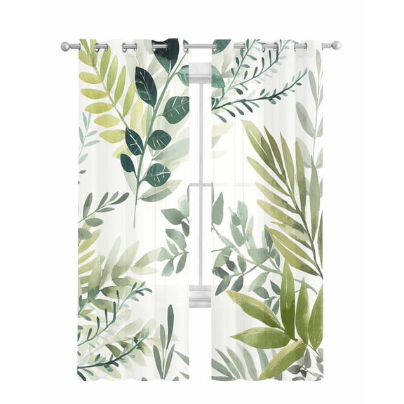 Green Leaves Sheer Curtains 84 Inch Length 2 Panels Set for Living Room/Bedroom, Summer Botanical Farmhouse Watercolor Leaf Kitchen Curtains Grommet Semi-Sheer Curtains Window Treatments 42"x84"x2