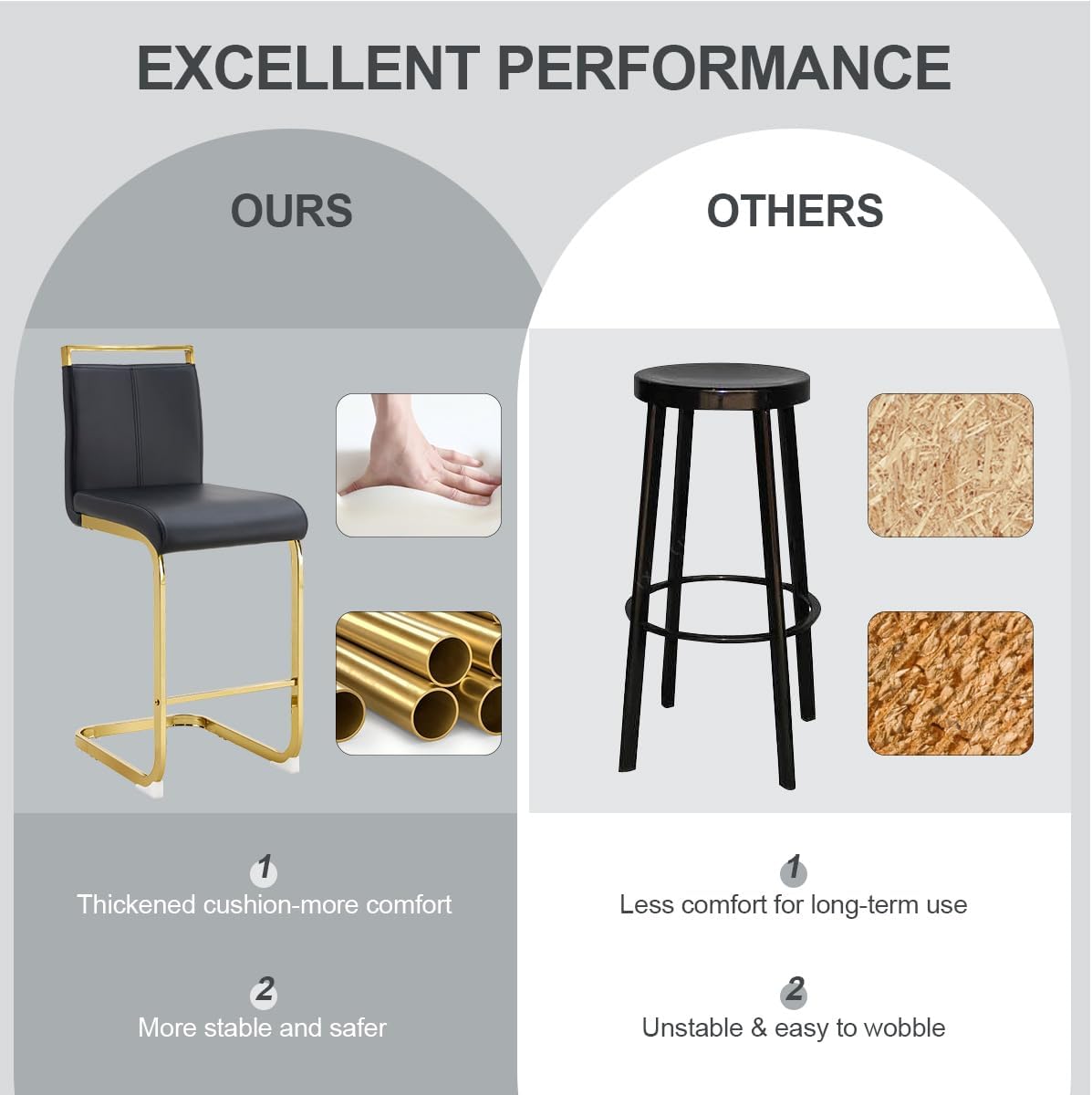 Lecut Modern Counter Height Bar Stools Set of 2, Leather Upholstered Bar Stools with Back and Gold Metal Frame,Bar Stools for Kitchen Island,Pub,Bar,Black