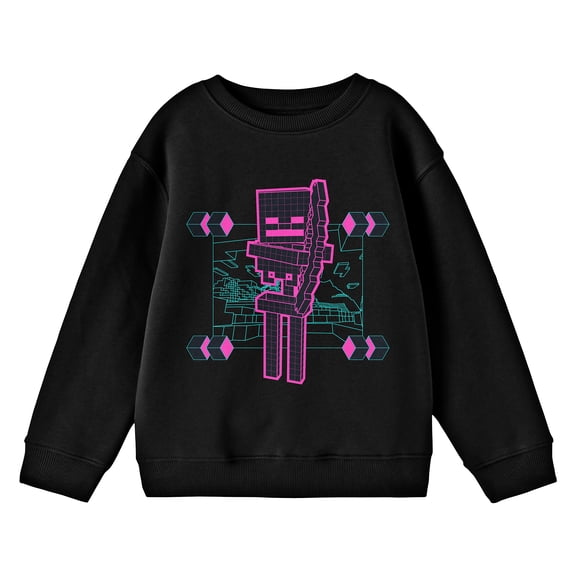 Minecraft Skeleton Distortion Clash Graphic Youth Black Crew Neck Long Sleeve Sweatshirt-Medium