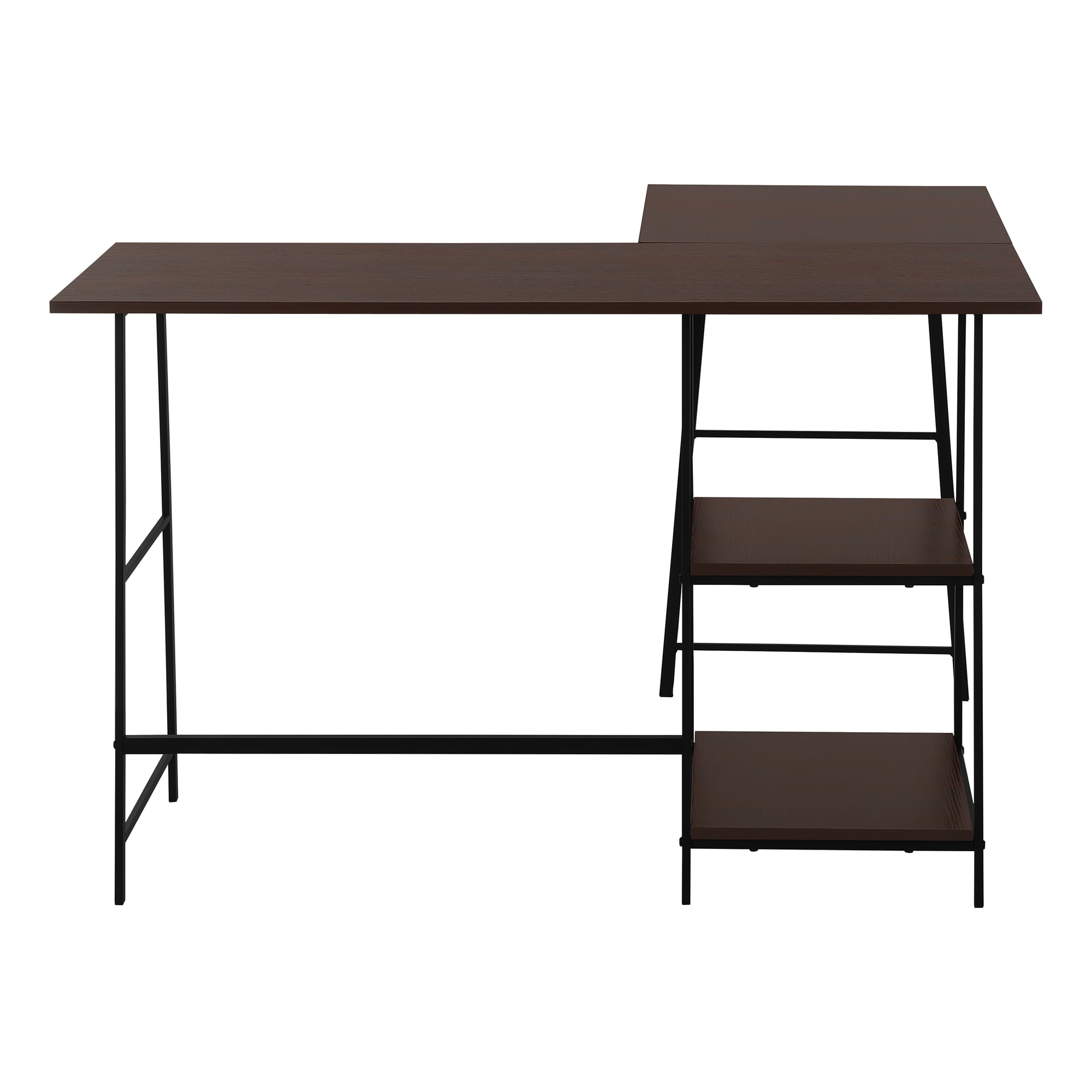 48 Inch L Shaped Espresso Brown Computer Desk with Black Sawhorse Legs and Shelves