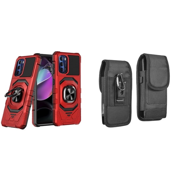 Case with Belt Holster Bundle for Moto G Stylus 5G 2022: Heavy Duty Shield Cover (Red) and Vertical Rugged Nylon Phone Pouch