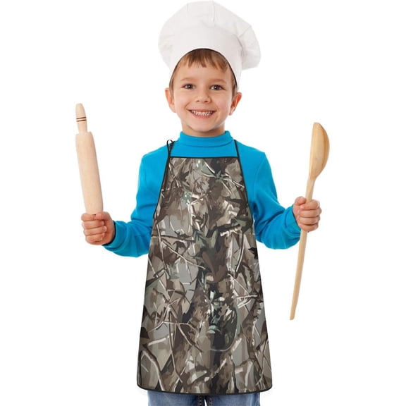 Tree Bark Camo Branches Pattern Kids Aprons for Girls and Boys,Adjustable Neck Strap Toddler Aprons for Kids Cooking Baking