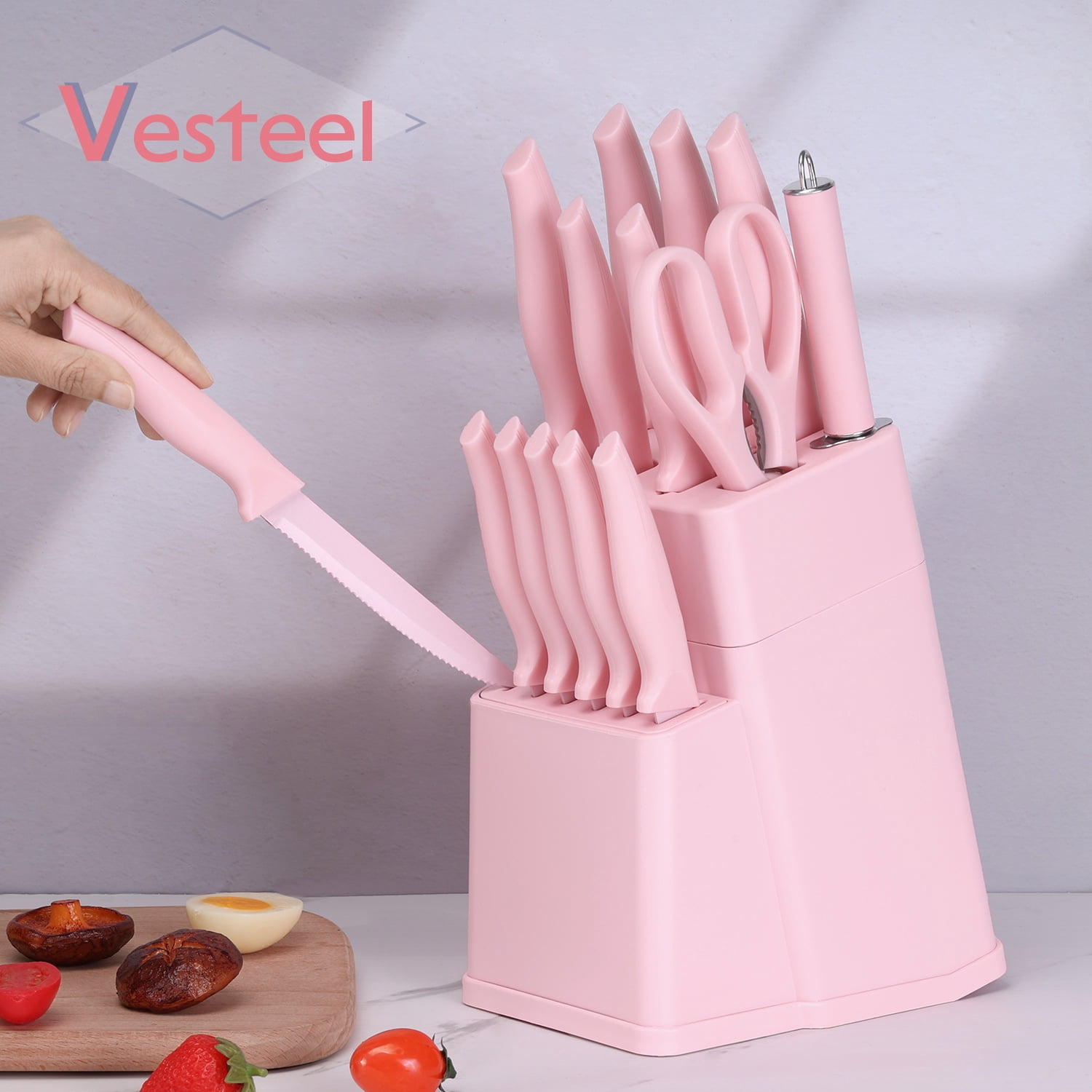 Vesteel Knife Set for Kitchen with Block, 15 Pcs High Carbon Stainless Steel Kitchen Knives Set with Sharpener Kitchen Shears - Pink