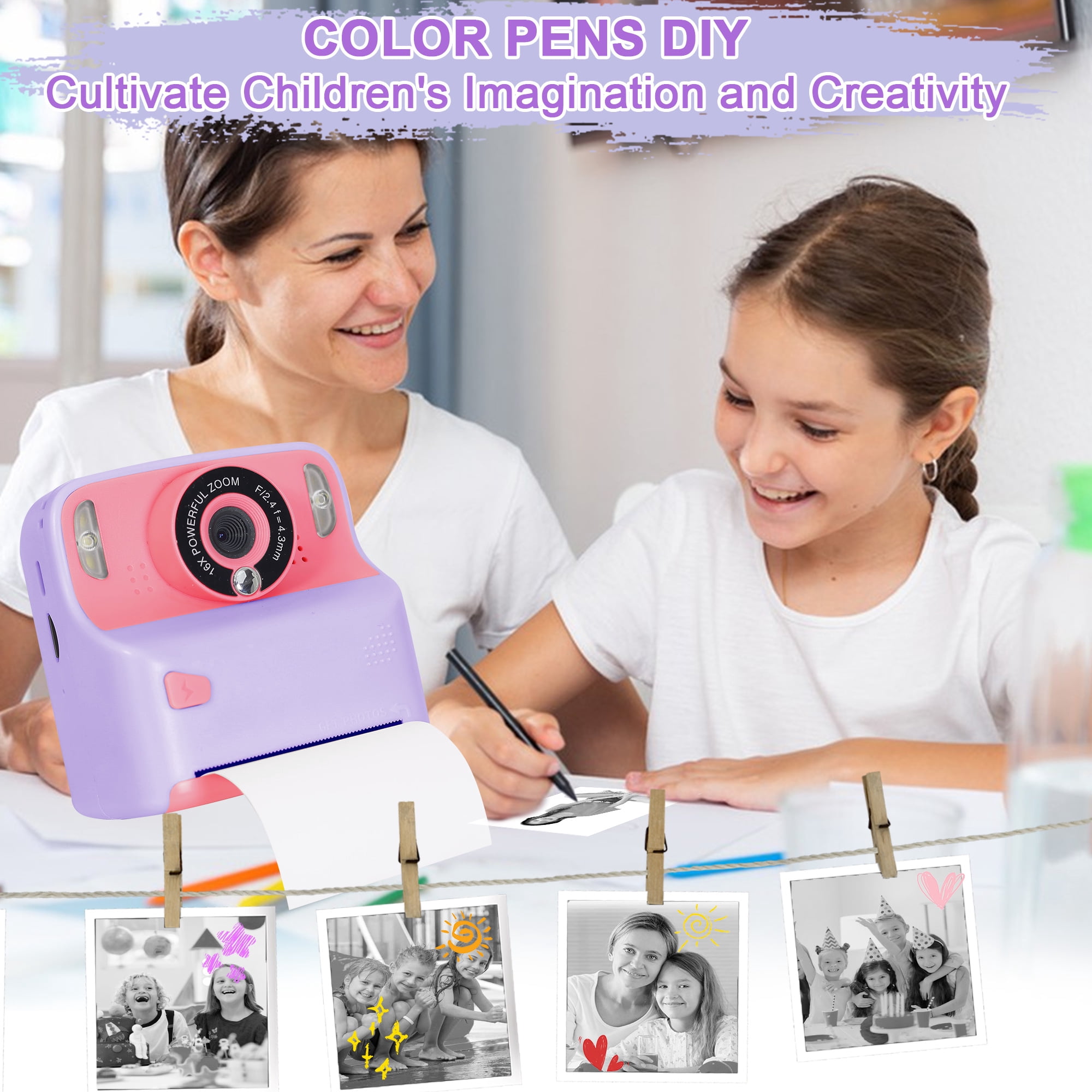 Yexmas Instant Print Digital Kids Camera 1080P Rechargeable HD Digital Toy Cameras Gift with 32G SD Card for Age 3-12, Purple