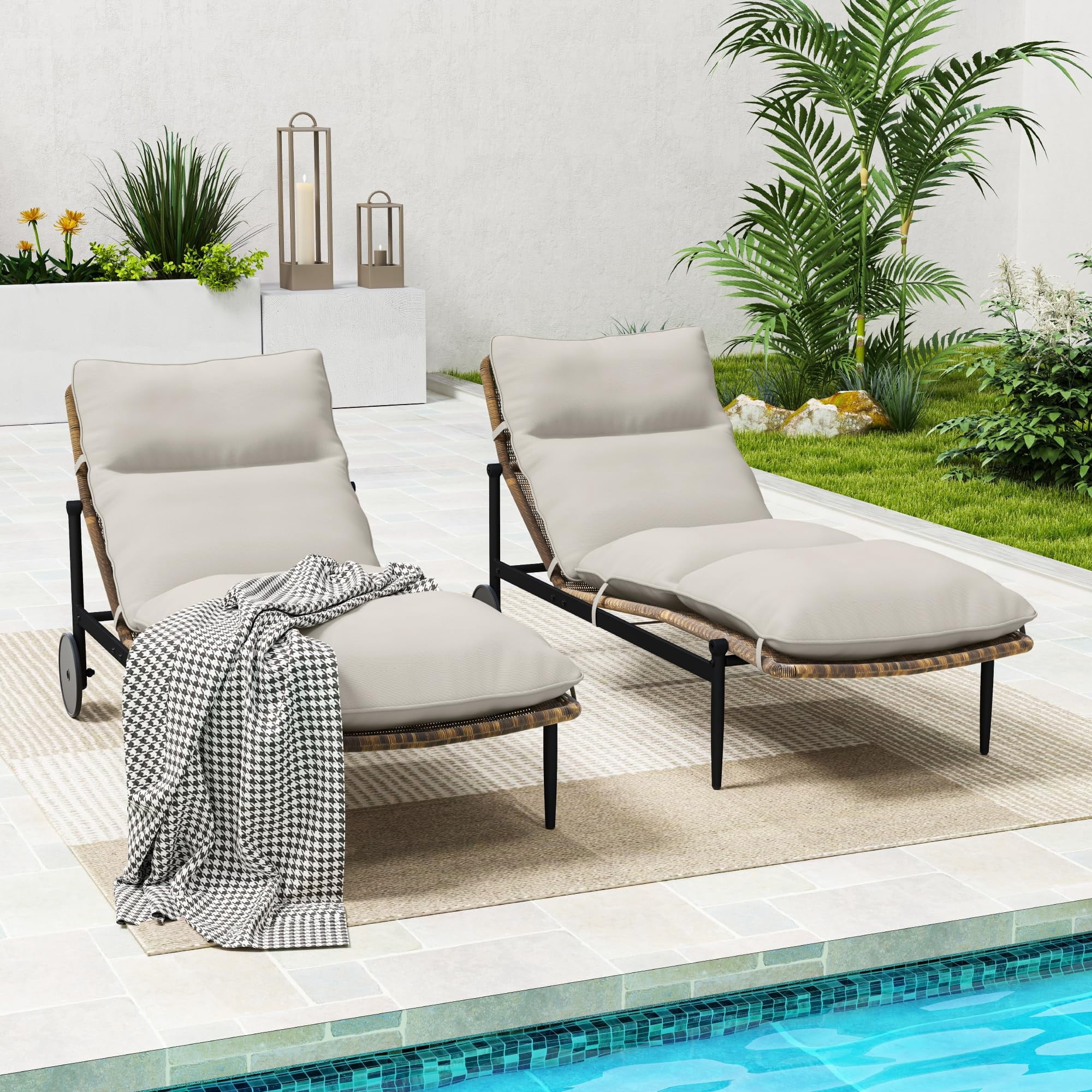 2PCS Patio Chaise Lounge Set of 2 Outdoor Lounge Chairs with Cushion Wheels Aluminum Wicker Pool Lounge Chairs for Backyard Deck Porch, Beige