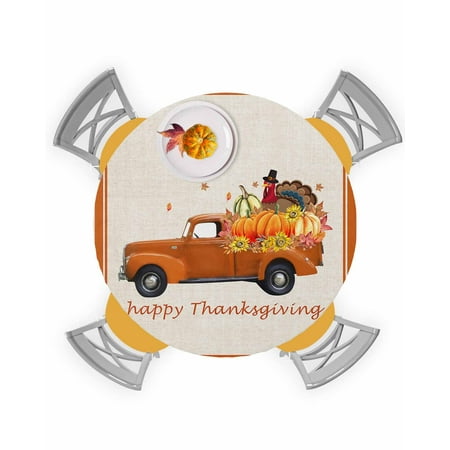 

Round Tablecloth with Elastic Thanksgiving Pumpkin Turkey Truck Orange Stripes Waterproof Stain-proof Table Cover Wipeable Fitted Table Cloths for 36 -44 Round Tables Dining Kitchen