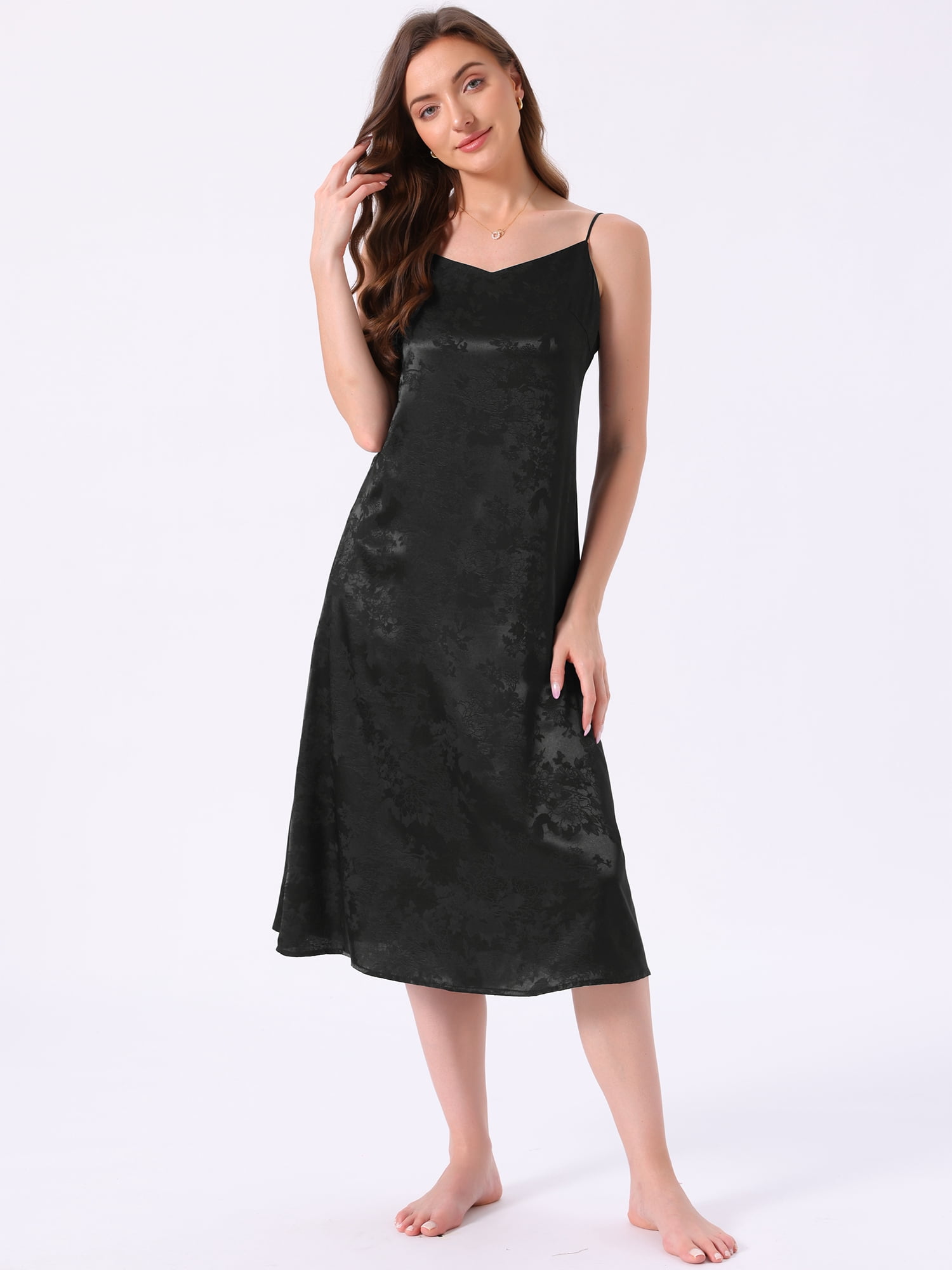DARING DIVA Women's Satin Floral V Neck Spaghetti Strap Slip Nightgowns M Black