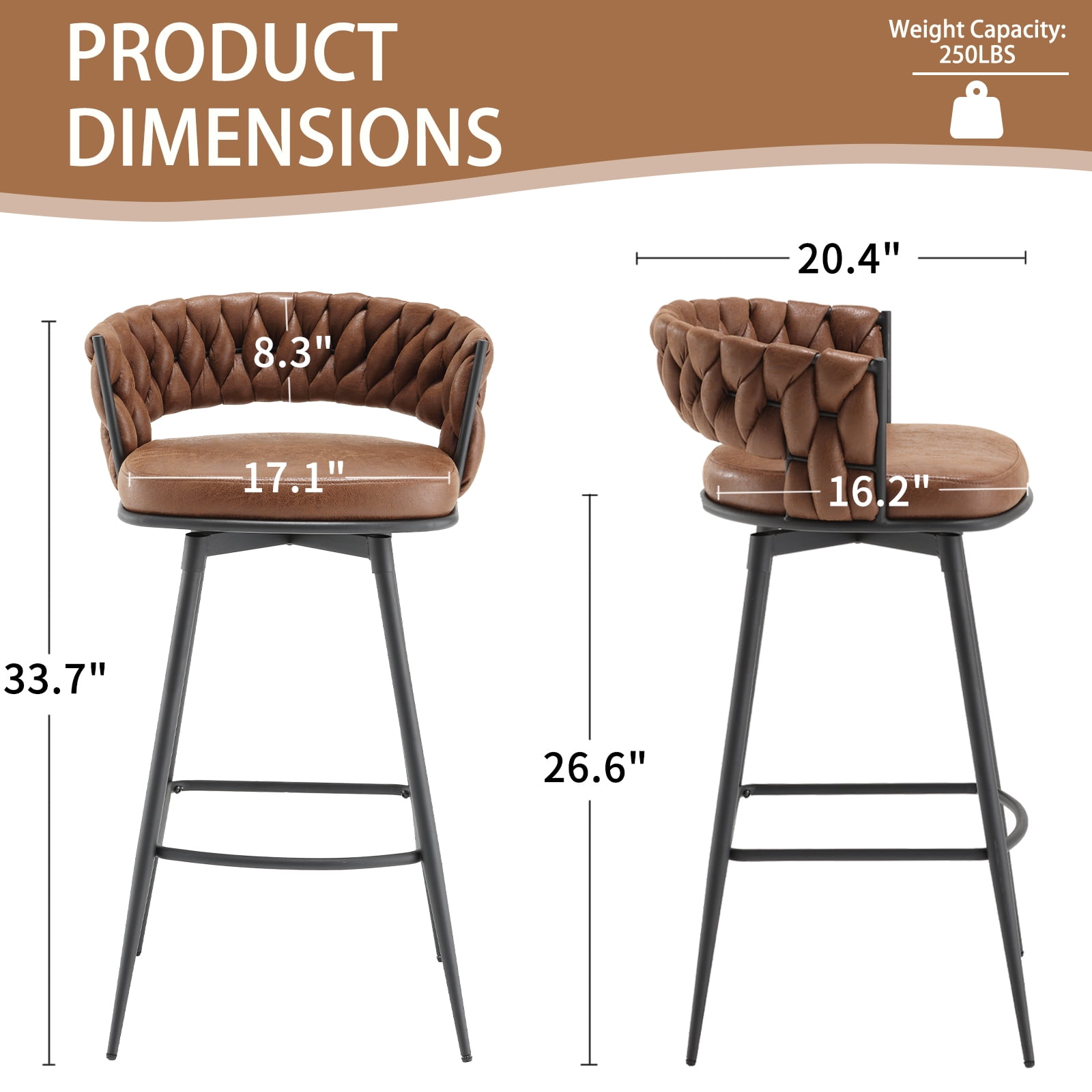 Bar Stools Set of 2, Counter Height Barstools with Woven Back and Footrest, 26" Modern Upholstered Kitchen Island Chairs for Kitchen Island, Cafe, Pub, Bar Counter, Brown