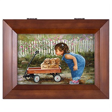 Little Girl Free Puppies Red Wagon Wood Finish Music Boxâ€”You Are My Sunshine
