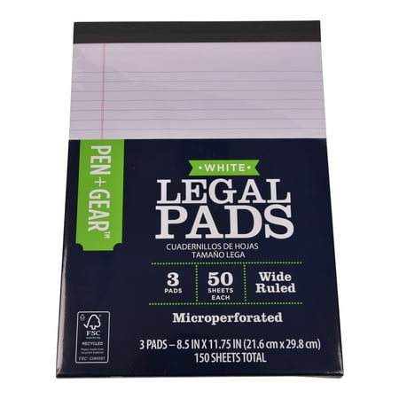 Pen + Gear Wide Ruled Legal Pads, 8.5"x11", White, 50 Sheets, 12 Pack