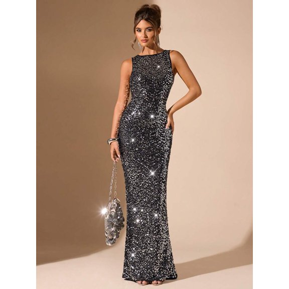 Silver Womens Scoop Neck Sleeveless Slim Fit Sequin Evening Gown Maxi Dress
