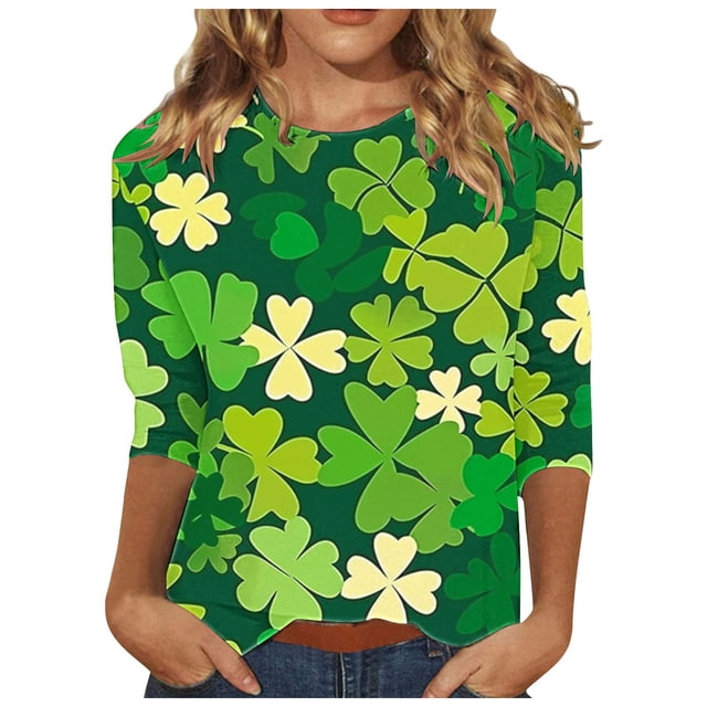 Diufon T-Shirts de la Saint-Patrick pour Femmes, Grande Taille, Imprimé Trèfle, Manches 3/4, Col Rond