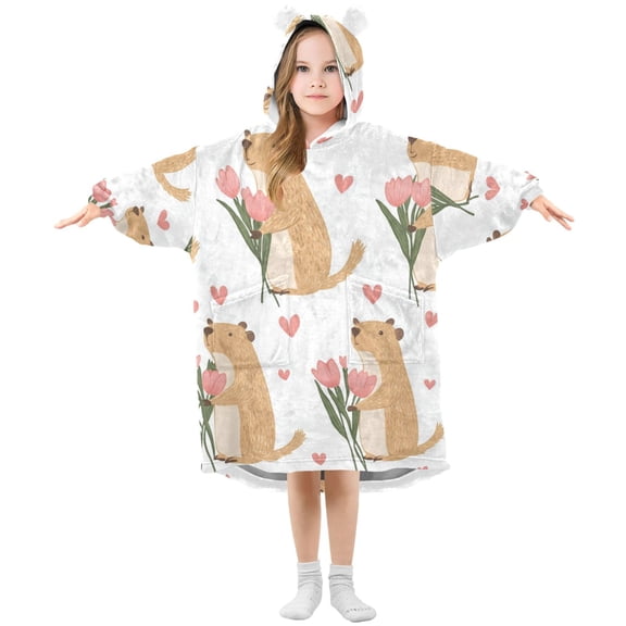 Capybara with Flowers Hearts Valentine Flannel Wearable Blankets Hooded Design Long Sleeves Wrap Unisex for 3T-14Y S