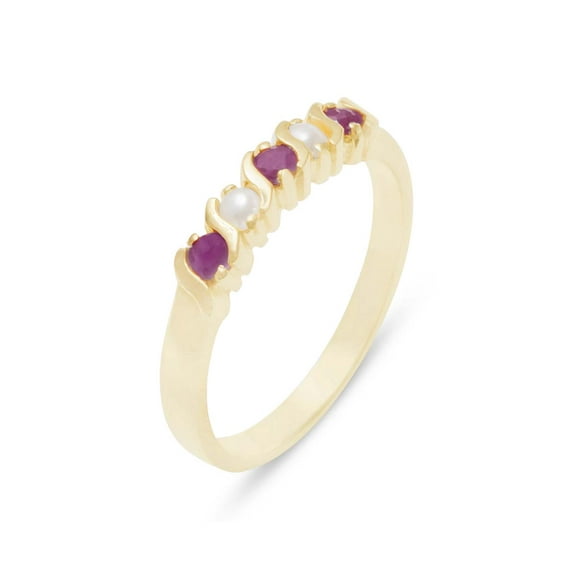 LBG British Made 18k Yellow Gold Natural Ruby & Cultured Pearl Womens Eternity Ring - 33 size options - Sizes 4 to 12 Available