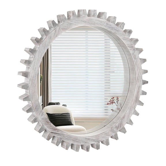 JERFIT 26 Inch Vintage Round Wall Mirror with Gear Design, Decorative Wood Mirror for Bathroom, Living Room, Entryway, Antique White Finish