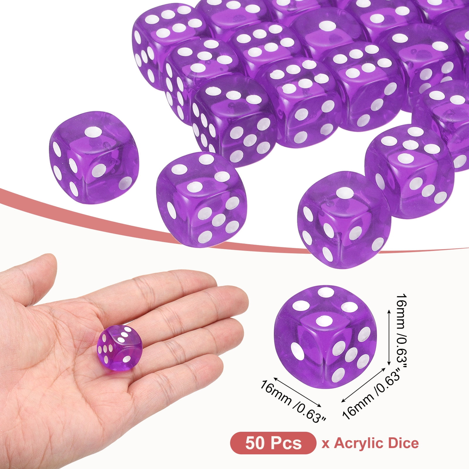 50Pack 6 Sided Acrylic Dice, 16mm/0.63" Rounded Corner Translucent Colored D6 Game Dice for Theme Party Fun Table Board Games, Purple