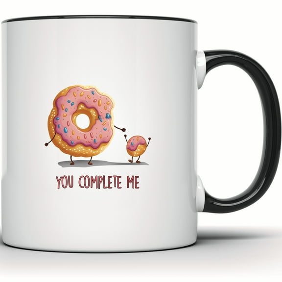 You Complete Me Mug - Funny Donut Food Pun Gift - Cute Doughnut Lover Mug - Sweet Treat - Gift for Him or Her - 11 Ounce Black Rim Handle Novelty Coffee Cup - WMUG1572-BLK