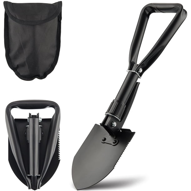 Pala de supervivencia multifuncional con mango triangular, herramienta de camping compacta y plegable para senderismo y emergencias, pala portátil con sistema de bolsa de transporte plegable.