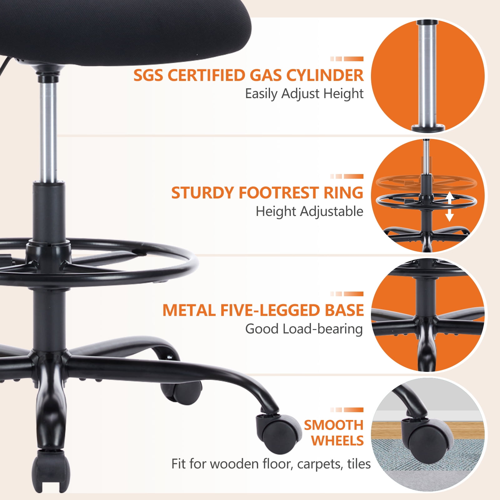 JONPONY Tall Drafting Office Chair,Desk Chair with Ergonomic Lumbar Support for Home, Office, Bedroom, for Adults,Black