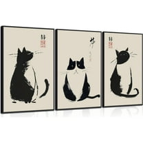 Hieng 3Pcs Vintage Japanese Cat Wall Art Cute Funny Japanese Black Cat Canvas Paintings Matsumoto Hoji Prints Neutral Pictures Wall Decor Animal Posters for Living Room Bedroom Unframed