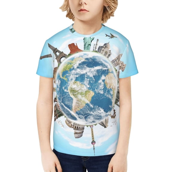 Fuzoiu World Travel Print Boys' Casual T-Shirt,Crewneck Undershirts,Boys Athletic Shirt,Short Sleeve T-Shirts for Outdoor Play