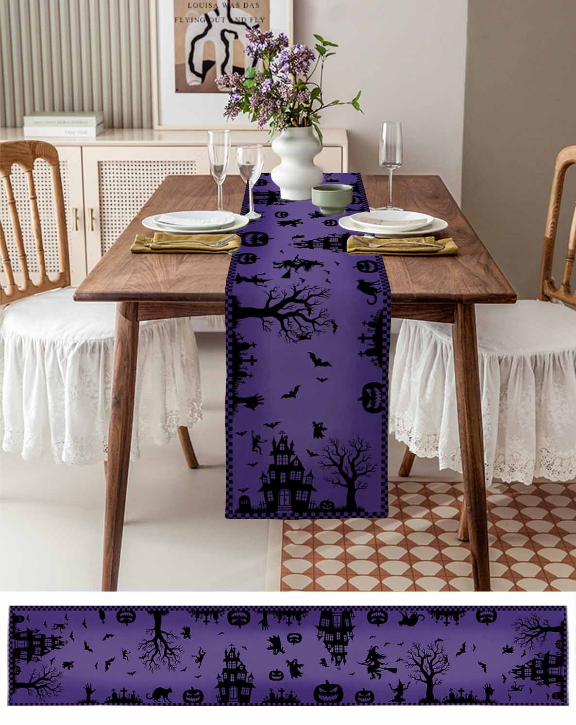Halloween Purple Table Runner 36 Inches, Spooky Ghost Castle Pumpkin Plaid Bed Runner Dresser Scarves Tabletop for Indoor Outdoor Parties/Ceremony/Banquet, 13"x 36"