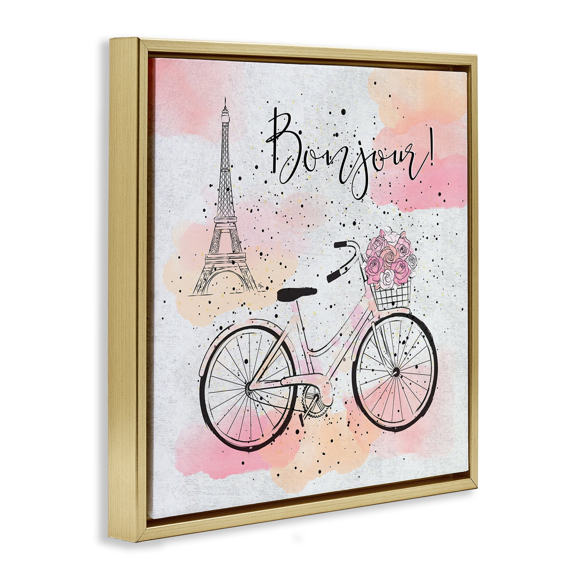 Stupell Industries Bonjour Paris & Bicycle Town & City Painting Gold Floater Framed Art Print Wall Art, 18 x 18