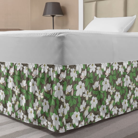 Floral Bed Skirt, Magnolia Flower Bouquets Blooming Petals Gardening Field Pattern, Elastic Bedskirt Dust Ruffle Wrap Around for Bedding Decor, 4 Sizes, Green Brown and Multicolor, by Ambesonne