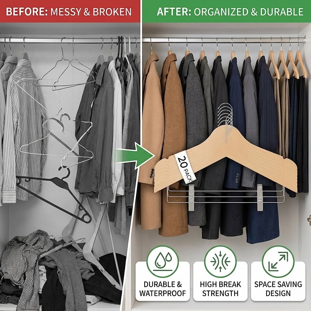 USTECH Wood like Hanger Bowed Shaped with Clips | Heavy Duty Wood Finish Hanger for Suits, Pants, and Skirts | Closet Space Saver with Shoulder Notch for Strappy Dresses | 20 Pack