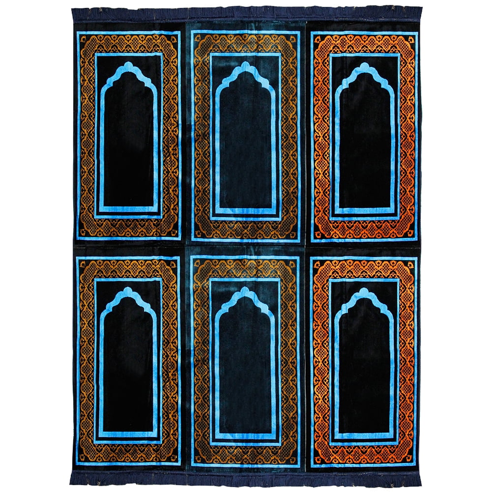 Six Person Navy Blue and Brown Double Layer Islamic Muslim Prayer Rug