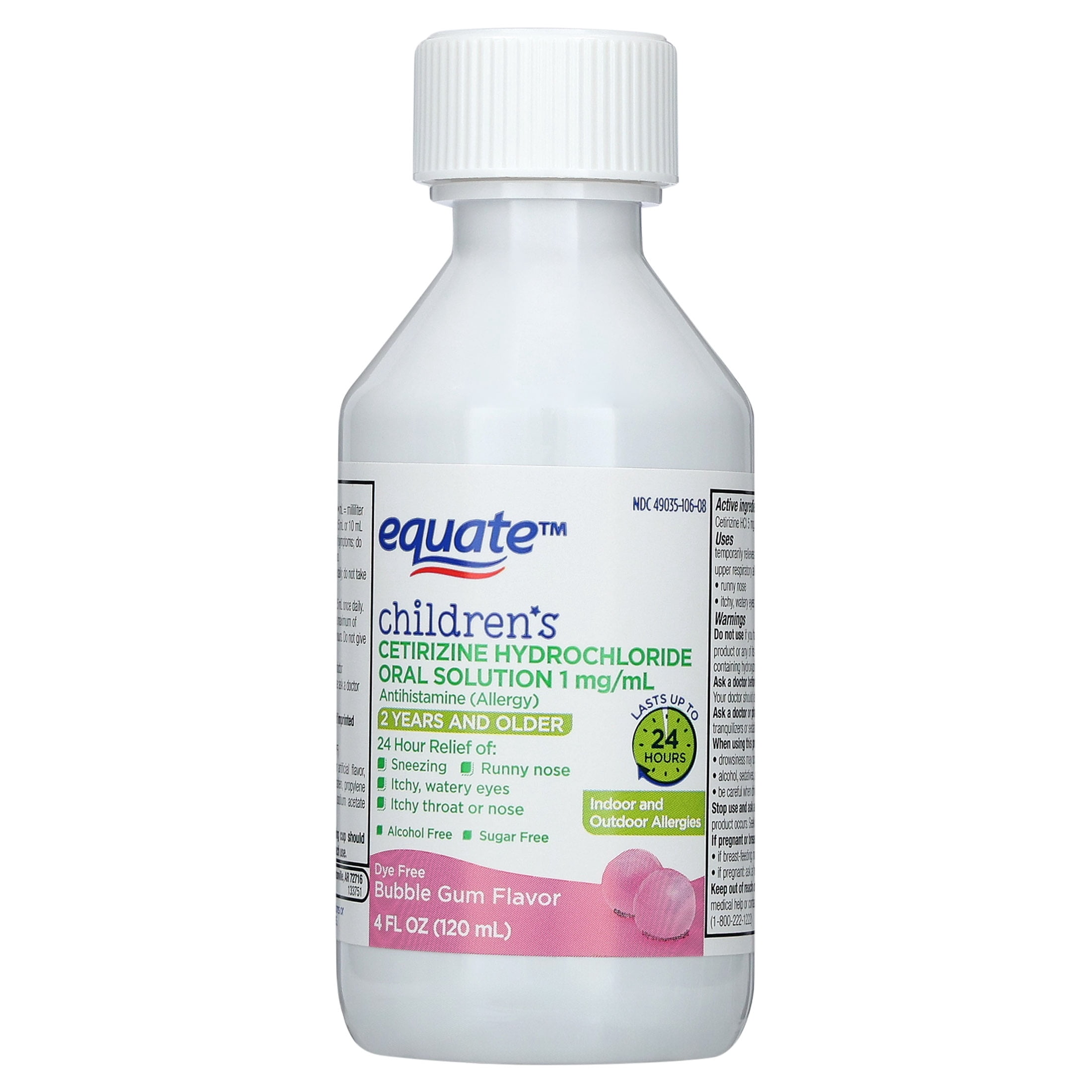 (3 pack) Equate Children's 24-Hour Cetirizine Hydrochloride Allergy Relief Oral Solution, 1 mg, Bubble Gum Flavor, Ages 2 Years and Older, 4 fl oz, Compare to Children's ZyrtecÂ® Active Ingredient