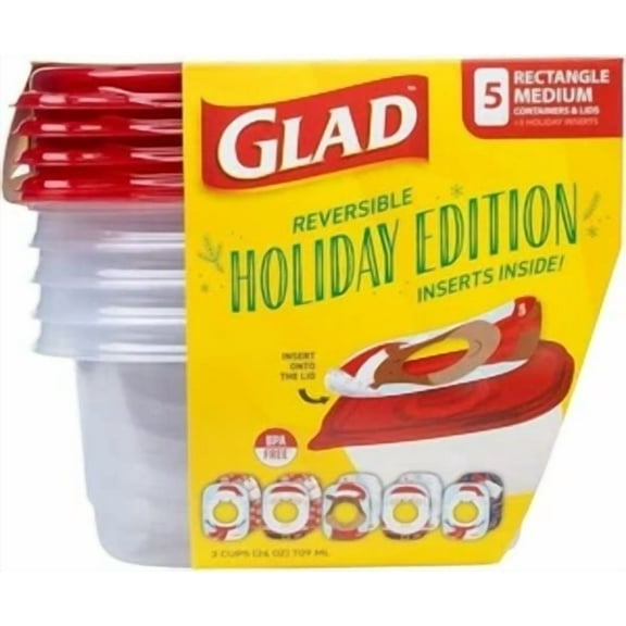 Gladware Holiday Food Storage Containers With Reversible Gift Tags 5 Count 24Oz