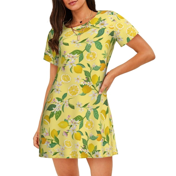 Fotbe Lemon (2) Bata de Dormir para Mujer con Estampado, Camisón de Algodón de Manga Corta, Ropa de Dormir Casual