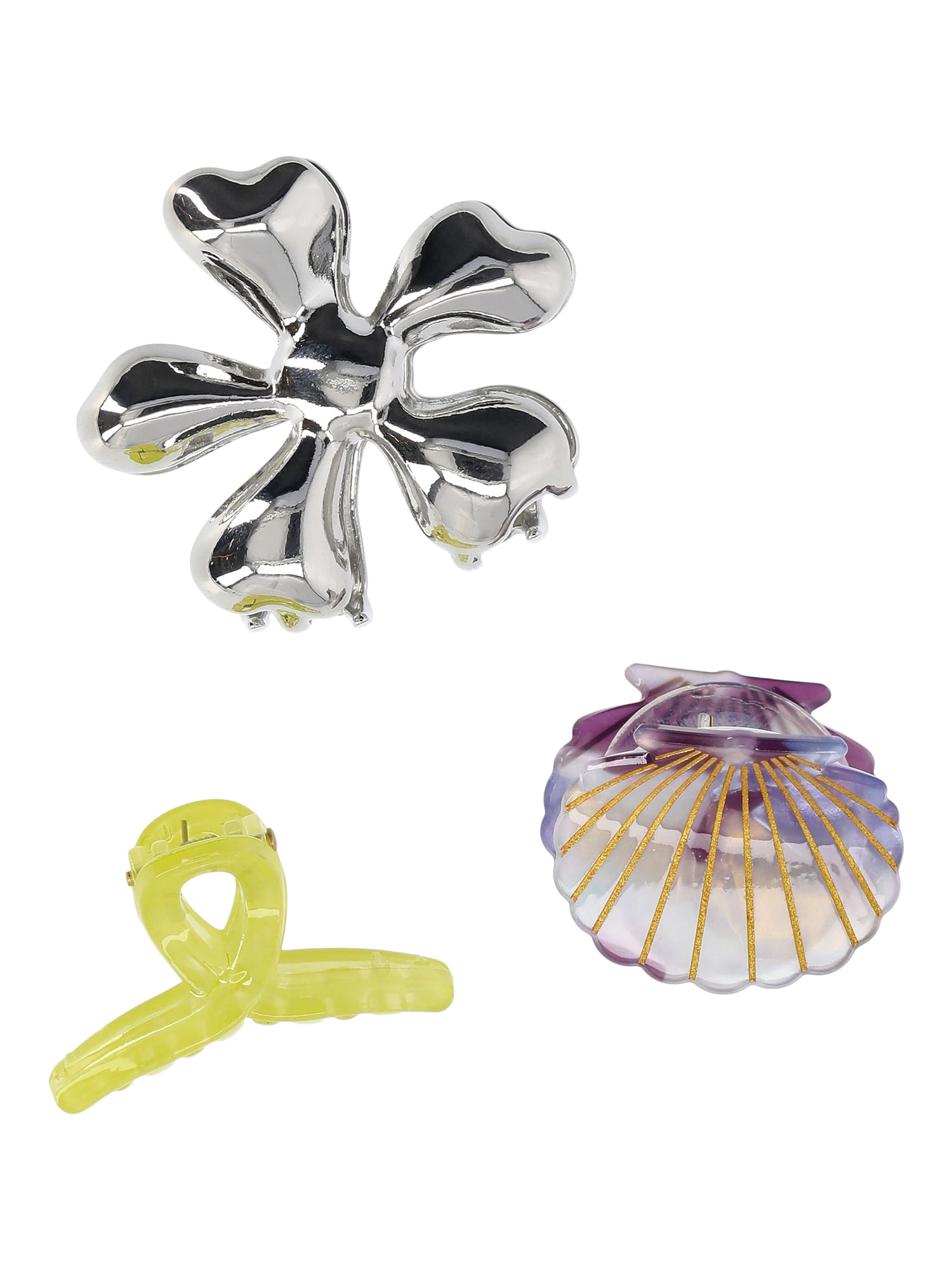 No Boundaries Mixed Claw Clips,3-Piece Set, Lime/Silver/Mint