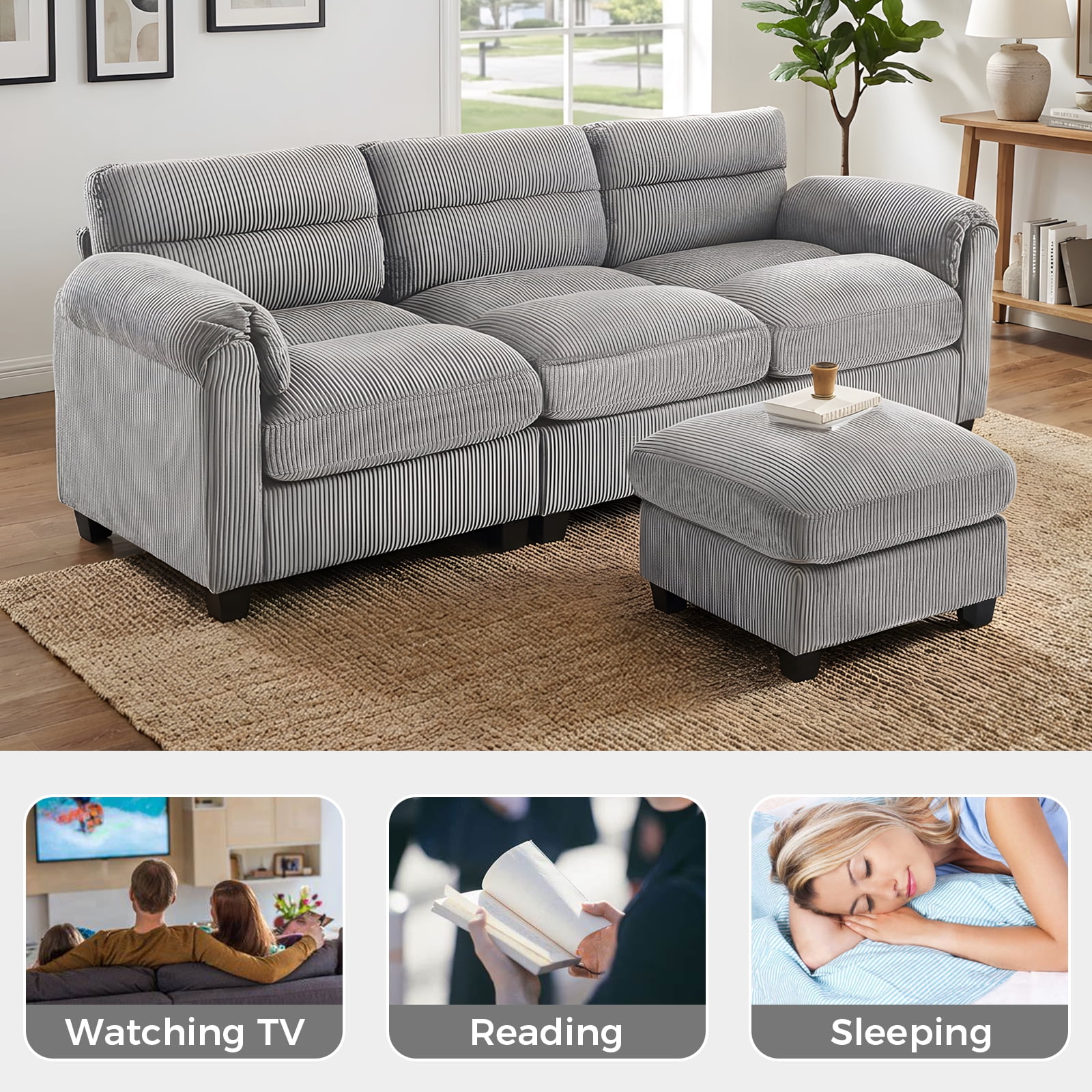 Bonzy Home Modular Sectional Sofa With Ottoman, Ultra‑Comfort Seating – Configurable for Living Room & Family Room; Gray