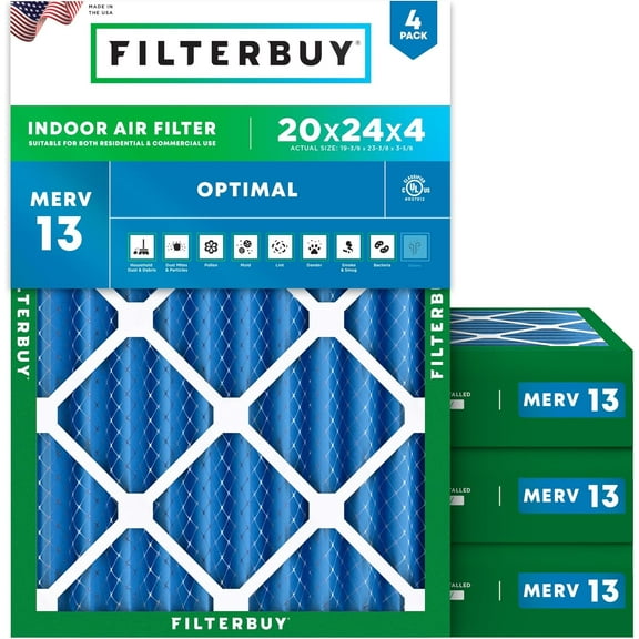 Filterbuy 20x24x4 Air Filter MERV 13 Smoke Defense, Pleated HVAC AC Furnace Filter Replacement, 4-Pack