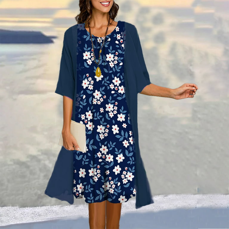 BEEYASO Clearance Summer Dresses for Women Floral Scoop Neck A-Line Knee  Length Holiday 3/4 Sleeve Dress Dark Blue m 