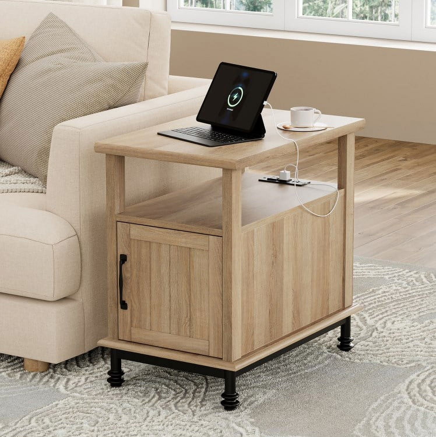 Oak End Table Bedside Table with Charging Station & Cabinet for Bedroom, Side Table for Living Room, 23.6 inches