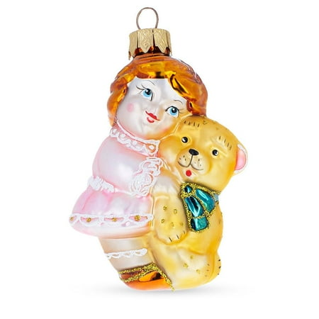 - Girl With Teddy Bear Mouth Blown Glass Christmas Ornament 3.9 Inches