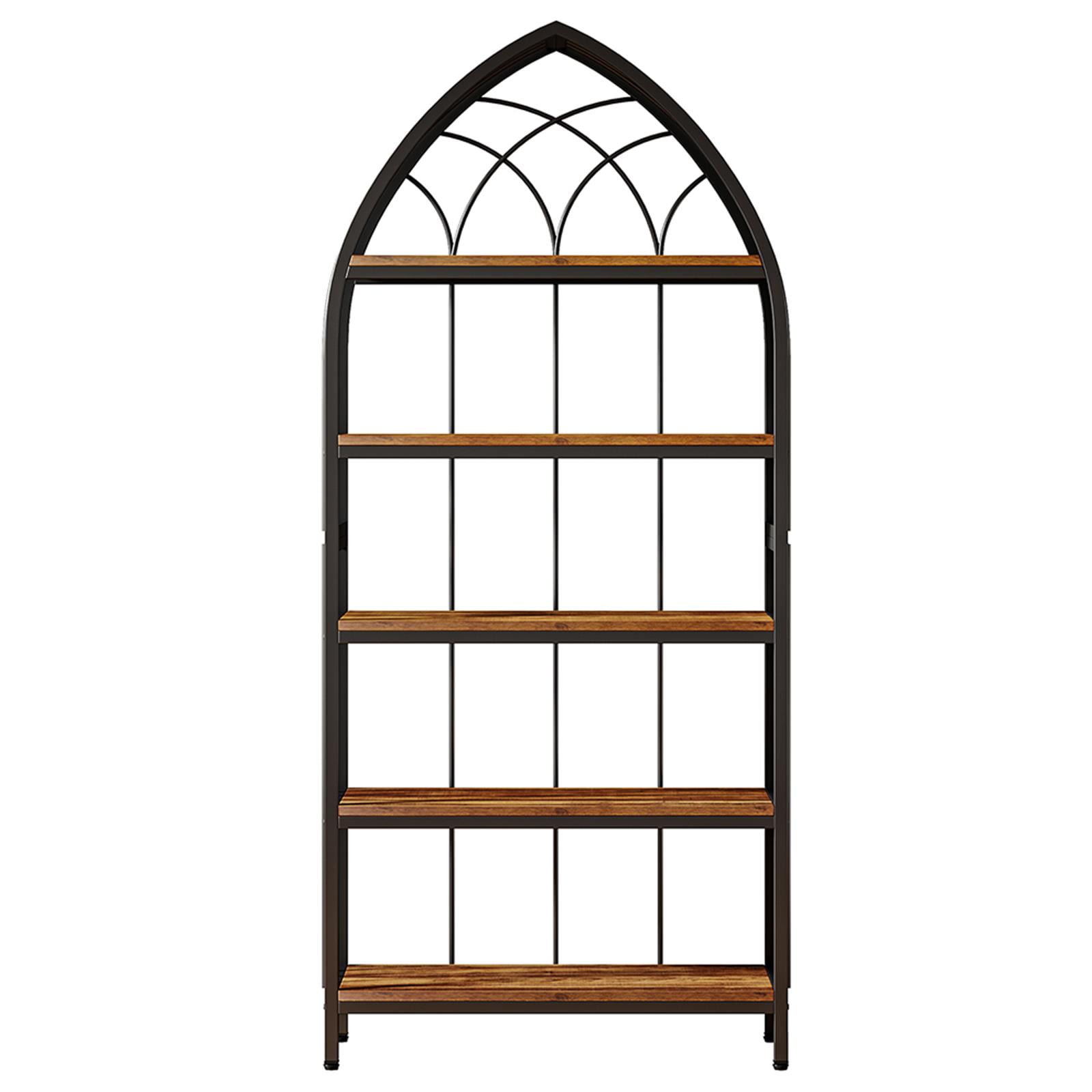 Demi Bonn 5 Tier Curved Bookshelf, Wood and Metal Bookcase Storage Organizer, Freestanding Display Standing Shelf Unit for Bedroom, Living Room, Black