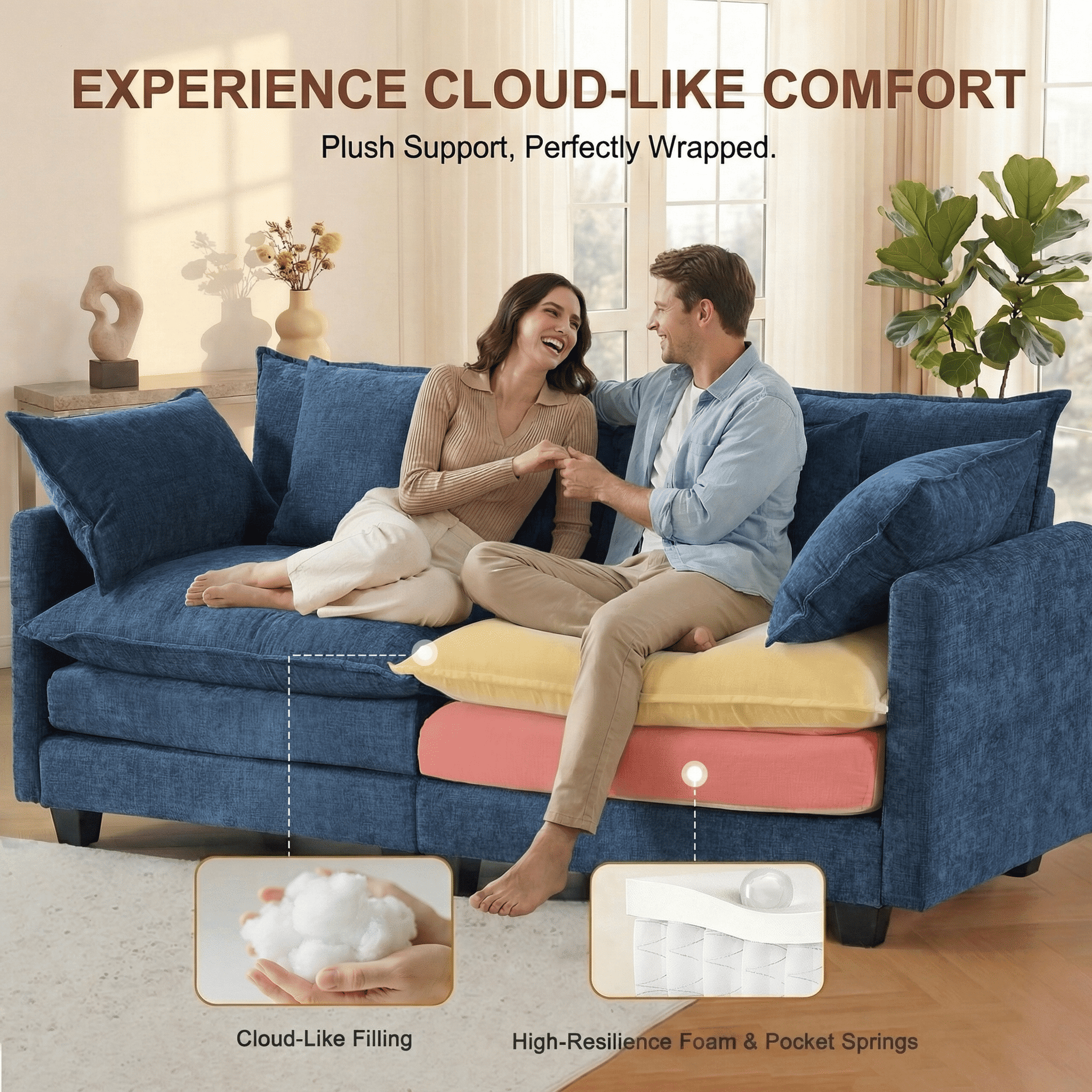 Dioepic Cloud-Comfort Deep Seat Chenille 2-Seat Living Room Loveseat Sofa 77" with 2 Pillows, Blue