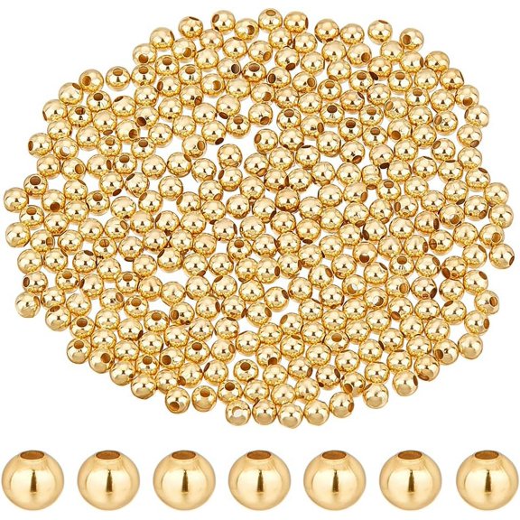 300pcs 24K golden Plated Spacer Beads 4mm Round Smooth Beads Bracelet Spacers Brass Loose Beads for Summer Beach Hawaii Stackable Bracelet Necklace Jewelry Making Hole 1.6mm
