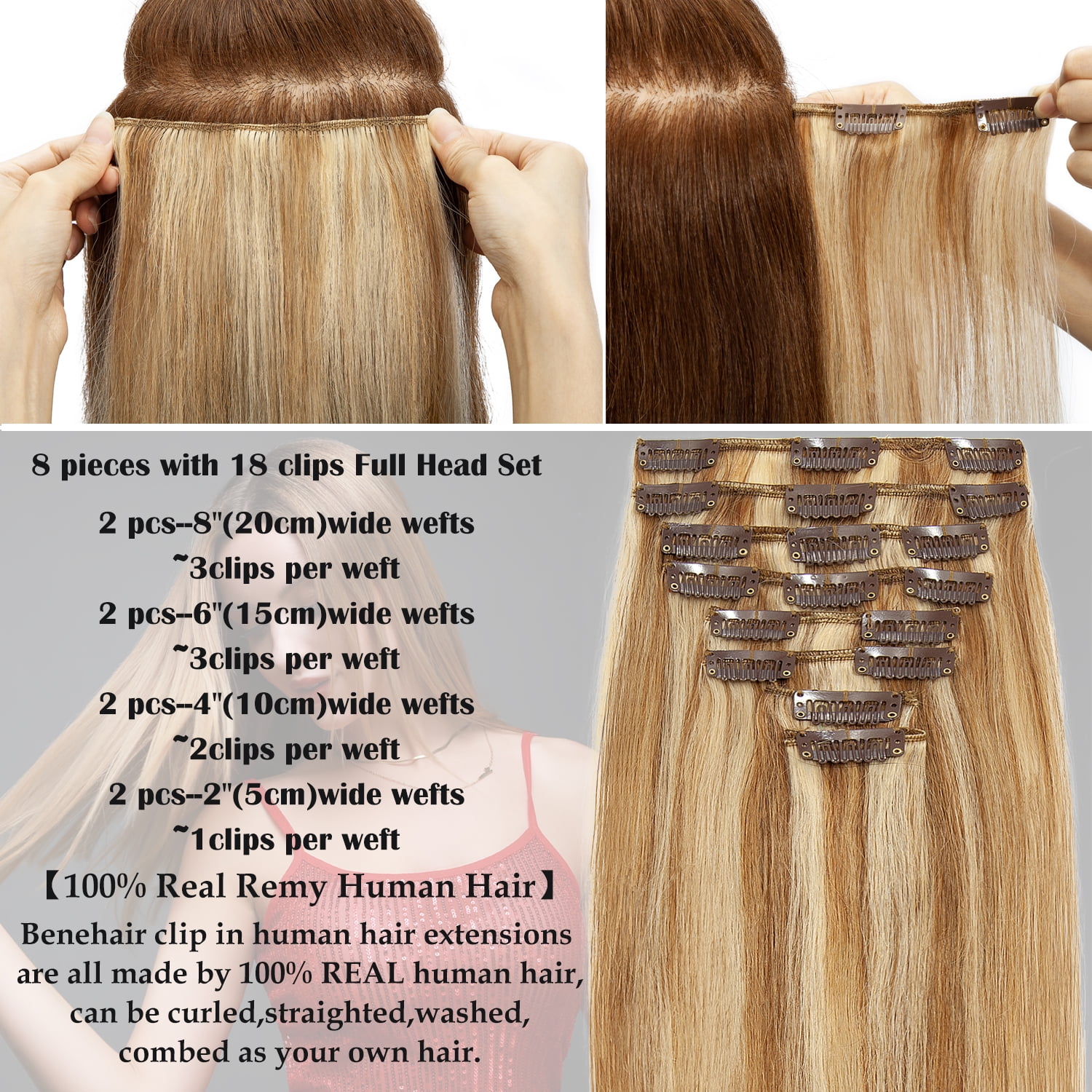 Benehair 100% Remy Human Hair Clip In Human Hair Extensions 