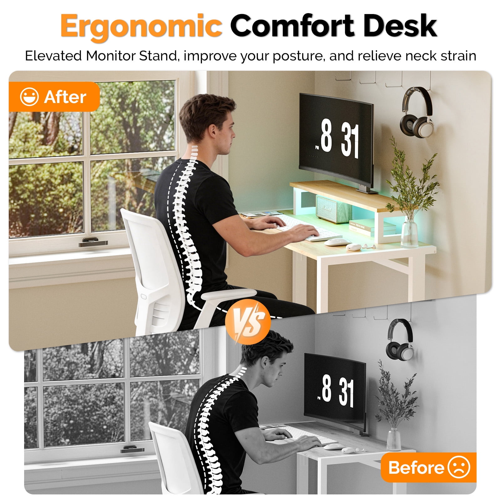 31.5" Computer Desk with Desktop Shelf and RGB Lighting, Foldable, Teak & White