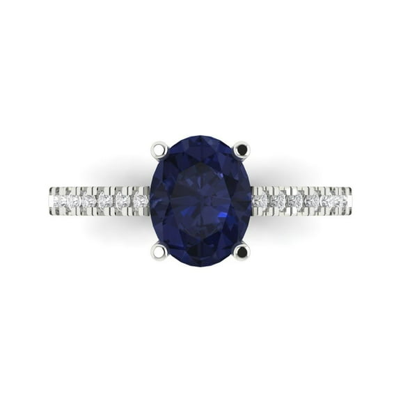 2.21 ct Oval Cut Simulated Blue Sapphire Solitaire with Simulated Diamond Accents 18K White Gold Womens Engagement Ring