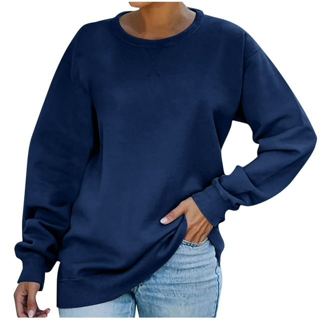 Timegard Crewneck Sweatshirts for Women Solid Color Loose Comfy Pullover Fall Fashion Long Sleeve Tops