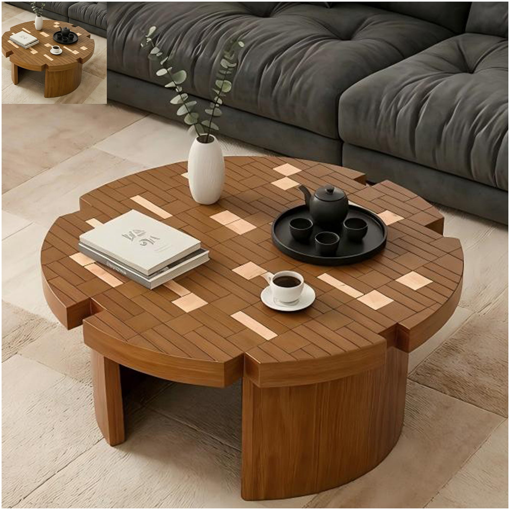 Round Mid-Century Coffee Table with Mosaic Inlaid Wooden Surface 31.5 Inch for Farmhouse and Boho Living Spaces